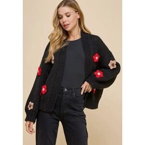 TCEC Women's Black Knit Drew Floral Detail Cardigan Size Medium NEW